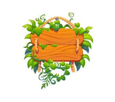 Tropikal orman lianası ve yaprakları olan tahta tabela. Yağmur ormanları bitkilerinin olduğu çizgi film taşıyıcı tahta tabela, iplerde asılı plaj işaretçisi. Oyun seviyesi menü pankartı, yeşillik ve billboard ile tahta