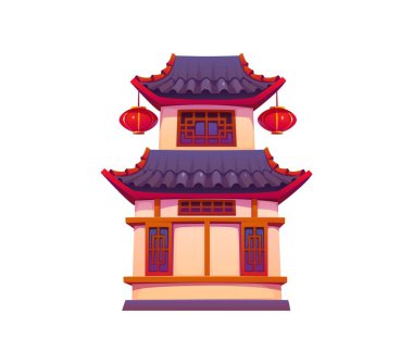 Karikatür Geleneksel Asya Pagoda binası süslü çatılı ahşap detaylar ve saçaklardan sarkan kırmızı fenerler. Çin veya Japon mimari mirasını temsil eden vektör yapısı