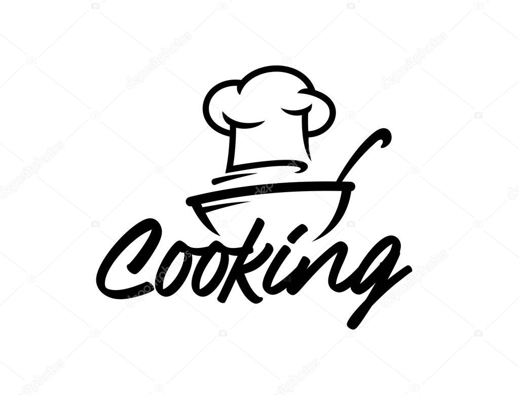 Chef cook icon. Vector black and white minimalist cooking label featuring a toque hat above a bowl with a ladle and elegant script, conveying a sense of passion for culinary arts and restaurant food