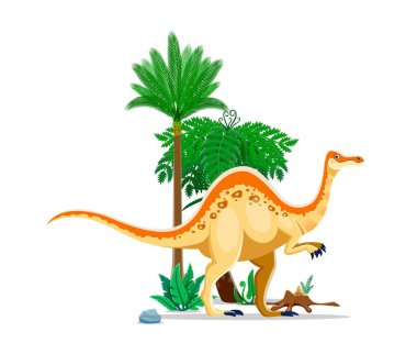 Deinocheirus tarih öncesi dinozor karakteri. Geniş theropod dinosunun izole edilmiş karikatür vektör cinsi Cretaceous döneminden. Hepçil hayvan, palmiye ağaçlarıyla çevrili büyük kayanın yanında duruyor.