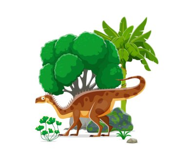Plateosaurus tarih öncesi dinozor karakteri doğal ortamında. İzole edilmiş vektör dino, yemyeşil ve kayalık araziler arasında duruyor. Palmiye ağaçları ve bitkiler canlı Mezozoik çağda antik ekosistem çağında.