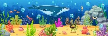 Fok, vektör balıklar ve deniz hayvanlarıyla birlikte karikatür sualtı manzara oyunu. Okyanus sualtı dünyası oyunu ya da deniz altı arka planında deniz yosunlarında fok, mürekkep balığı ve deniz atı ya da inci kabuğu bulunur.