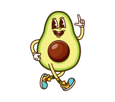 Çizgi film süper avokado sebze karakteri. Büyük gülüşlü, havalı spor ayakkabılı ve neşeli yüzlü izole vektör tropikal meyve kişiliği gevşemiş, eğlenceli ve eğlenceli retro titreşimleri gösterip temsil ediyor.