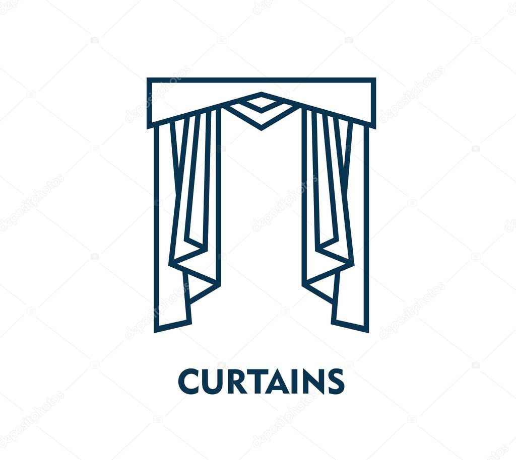 Theater curtain icon in thin line for opera house or concert hall, vector emblem. Curtains outline symbol for musical performance or theater entertainment show, opera stage or cinema premiere