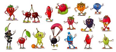 Fitness sporundaki meyveli harika karakterler, retro hippi yemek vektör kişilikleri. Çizgi film şirin vişne, çilek ve üzümler spor oyunları oynuyor. Harika kızılcık ve ahududu meyveleri.