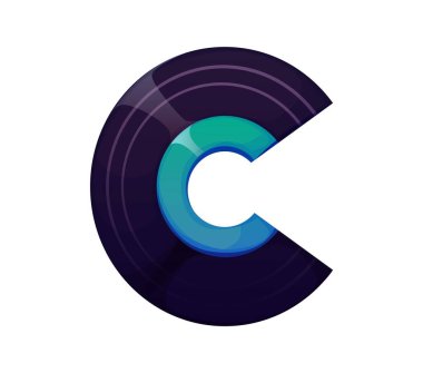 C harfli karikatür müzik fontu vinil plak, müzik enstrümanı yazı tipi, eğlenceli tip, İngiliz alfabesi. İzole edilmiş vektör müzisyen ses ekipmanı abc karakter, tipografi sembolü