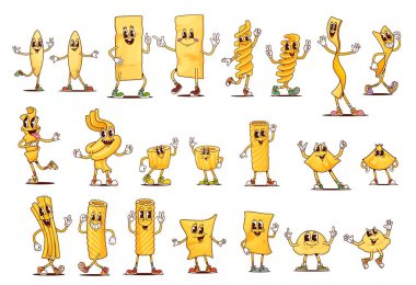 İtalyan makarna karakterleri, komik retro makarna yemekleri vektör kişiliklerini şekillendirir. Çizgi film, saykodelik rigatoni, fusilli, tagliatelle, eliche ve lazanya. Yumurtalı makarna, ditalini, erişte...