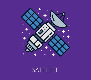 Güneş panelleri ve iletişim çanağı ile donatılmış uzayda yörüngede dönen uydunun renk çizgisi uzay simgesi. Modern teknolojinin doğrusal vektör kozmik sembolü, telekomünikasyon ve uzay keşfi