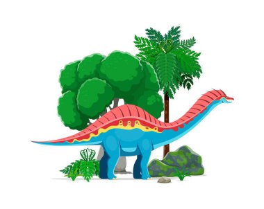Amargasaurus tarih öncesi çizgi film karakteri. İzole edilmiş dinozor vektörü kırmızı ve mavi renkli antik otobur dino ve yemyeşil tropikal bir arazide, yüksek ağaçlar ve kayalık arazide tekrar yükseldi.