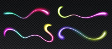 Neon ışık dalgaları. Gökkuşağı renk ve kıvrımlarında parlayan parlak neon ışık dalgalarının vektör kümesi, dinamik elementler hareket ve enerjiyi çağrıştırıyor. Fütürist çizgiler, kirişler, ışıldayan sıvılar.