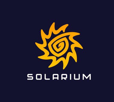 Solaryum bronz ikonu, yaz plajı güneş sembolü. Işıl ışıl ışıl ve girdap desenli vektör sarı güneş. Güneş enerjisi, spa, sıcaklık ve canlılığın vektör amblemi, solaryum salonları veya sağlık markaları