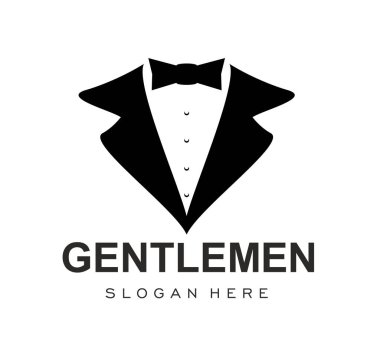 Erkek moda terzisi salonu için papyon takan beyefendi smokin giysisi ikonu, vektör amblemi. Erkek smokin ve papyon siyah siluet ikonu. Damat, uşak kıyafeti ve erkekler kulübü rozeti için.