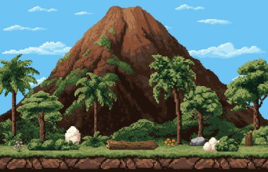 8 bit piksellik sanat oyunu arka planında, mavi gökyüzünün altında palmiye ağaçları, kayalar, çiçekler ve volkan dağları olan bir orman manzarasında dinozor yumurtaları. Platformatör veya macera video oyunları için vektör düzeni