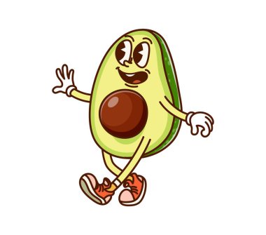 Yürüyen avokado yarısı tohum gibi neşeli karakterle. Organik çiftlik taze avokadosu. 60 'ların sevimli, 70' lerin modası geçmiş, izole vektör karakteri. Olgun, bitkisel, neşeli, komik maskotu. Yeşil tropikal meyve komik kişiliği