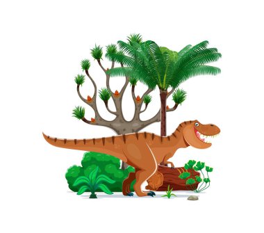Tyrannosaurus tarih öncesi dinozor karakteri yemyeşil orman doğal ortamında bir ağaç, kaya ve eğreltiotu ile birlikte. İzole çizgi film vektörü antik uç yırtıcı, etobur sürüngen hayvan geç cretaceous çağı