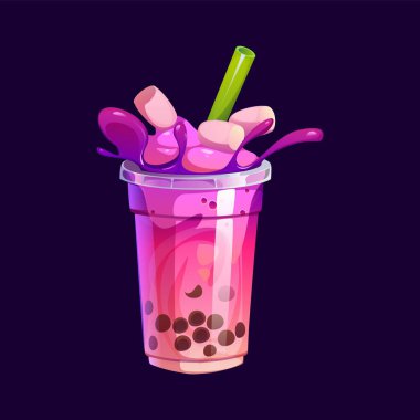 Karikatür sütlü çay bardağı. Şeffaf plastik bir fincanda tapyoka boba incileri bulunan, yeşil pipet, lokum ve tatlı sıvı içeceklerle kaplı, vektör canlı mor ve pembe bir içecek.