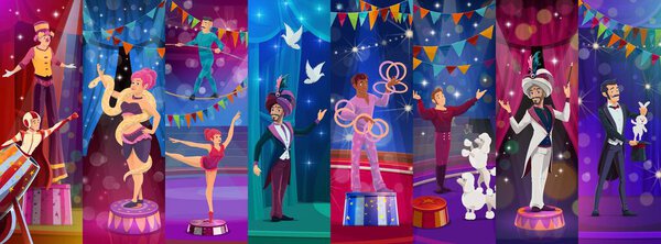 Персонажи коллажа цирковых артистов. Векторный клоун, фокусник и акробаты, жонглёр, дрессировщик животных, фокусник или иллюзионист на арене карнавала