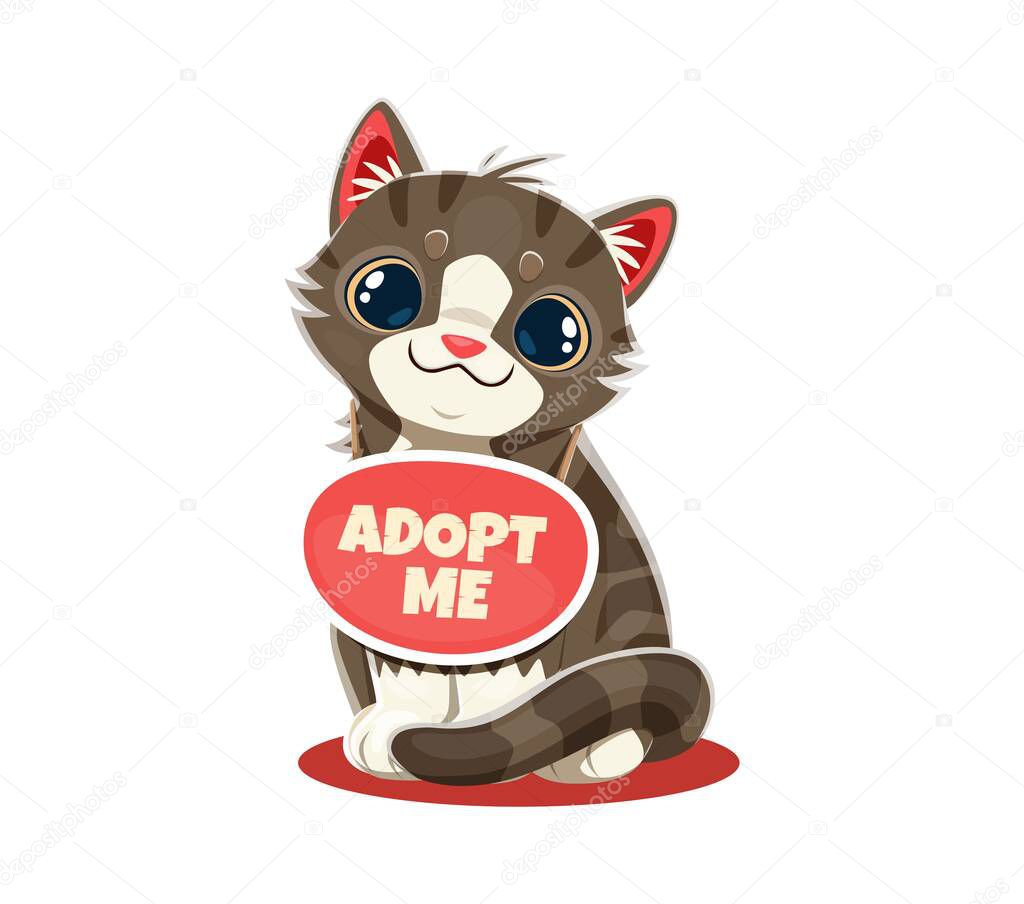 Adopt me icon of cat kitten pet with big eyes on sad muzzle, vector cartoon sign. Adopt a cat badge with cute cheerful kitten cat for pets adoption banner or homeless animals shelter poster