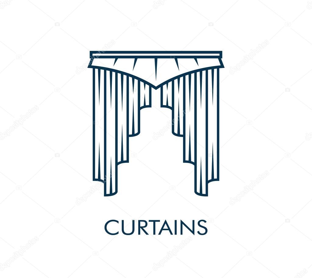 Theater curtain line icon for concert hall or musical opera house, vector sign. Curtain with stage drapes symbol for theater show, opera or cinema premiere and home interior textile decor salon emblem