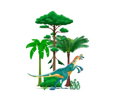 Oviraptor tarih öncesi dinozor karakteri, eğrelti otları ve ağaçlarla doğal ortamda. İzole edilmiş çizgi film vektörü antik sürüngen hayvan, Theropod dino gibi kuş, geç Kretase Dönemi 'nde yaşamış.