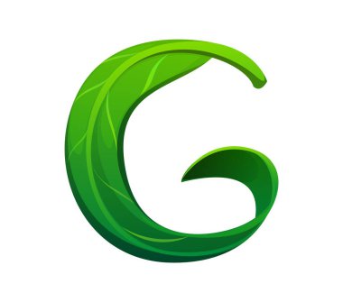 Taze yeşil yaprak font harfi G. Çevre yeşili çocuklar ABC yazı tipi işareti, temiz ekoloji çizgi filmi izole edilmiş vektör İngilizce yazı tipi harfi. Yazı tipi sembolü ya da Latince yazı tipi ögesi