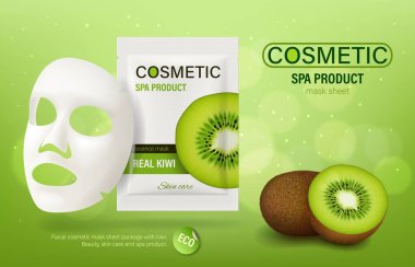 Nem ve deri bakımı için Kivi meyve özü kozmetik maske örtüsü, vektör şablonu. Cilt bakımı ve SPA ürün geçmişi için kivi meyve asitleri ile gerçekçi yüz maskesi kozmetiği