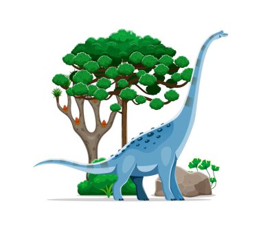 Dinozor, karikatür Titanosauria türünün tarih öncesi kertenkelesi, vektör dino hayvan. Dev dinozor Titanosaurus ya da Sauropod türleri çocuk paleontoloji ansiklopedisi için ormandaki Kretase Çağı kertenkelesi