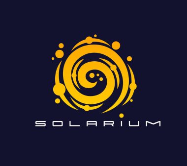 Solaryum güneş ikonu, bronzlaşma salonu, yaz plajı ve SPA, vektör amblemi. Solaryum simgesi, sarı parlak kıvılcımlar ile sarmal güneşin cilt kozmetik markası veya solaryum stüdyosu ve yaz tatili için bükülmesi