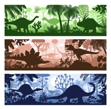Tropikal orman ormanlarında tarih öncesi dinozor siluetleri, vektör bayrakları. Dinozor çağı dinozoru veya T Rex tyrannosaurus kertenkeleler ve tarih öncesi sürüngenlerle ormandaki dinozor hayvanların siluetleri.