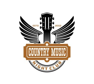 Gece kulübü veya bar için gitar ve kanatlı country müzik ikonu, vektör amblemi. Country müzik konseri ya da müzik grubu ya da Western gece kulübü ya da Amerikan barı ve kayıt stüdyosu için sözleşme.