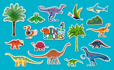 Dinozor türü ve bitkilerin yer aldığı tarih öncesi dinozor çıkartmaları. Arazi, su ve uçan antik sürüngen hayvanları, yumurta, bereketli palmiye ağaçları, eğrelti otları ve kayalarla izole edilmiş vektör kümeleri.
