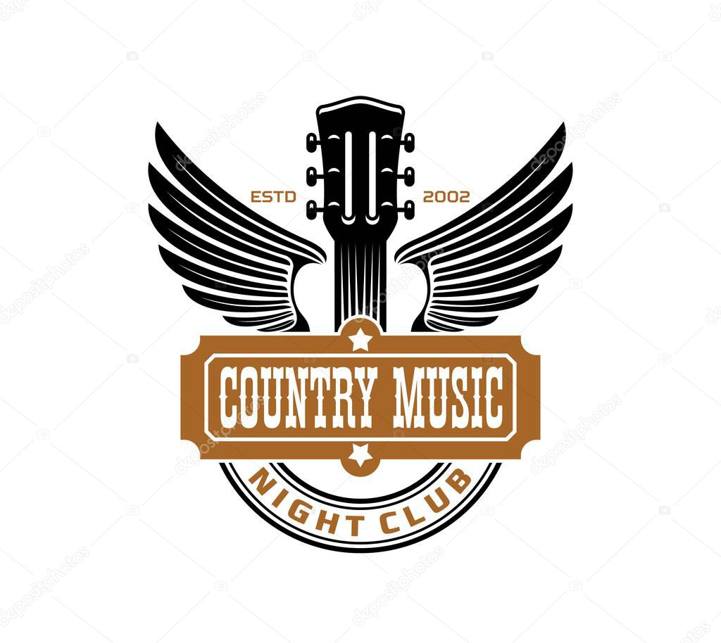 Country music icon for night club or bar with guitar and wings, vector emblem. Country music sign for concert or musical band and Western nightclub or American saloon, and recording studio label