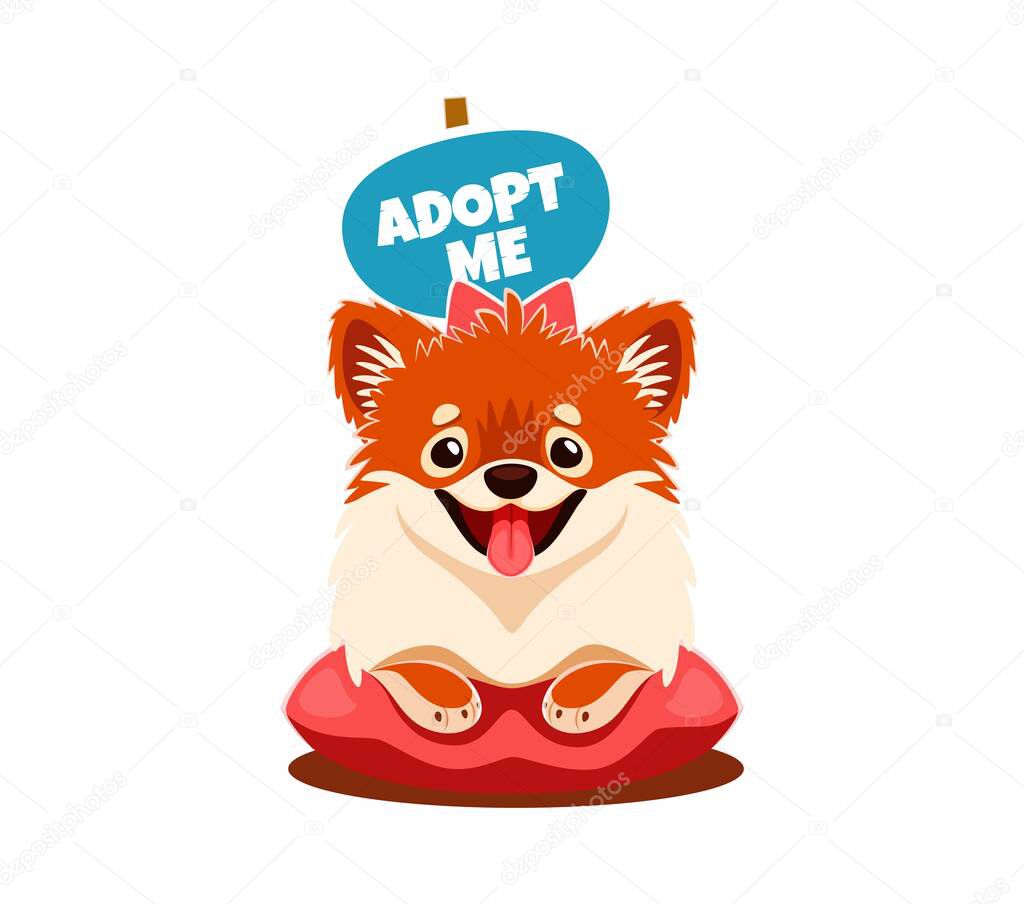 Adopt me icon with dog pet on pillow with happy muzzle and tongue out, vector cartoon sign. Adopt a dog badge with cute cheerful puppy for pets adoption banner or animal shelter poster
