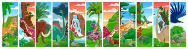 Karikatür dinozoru ve yavru dinazor yumurta karakterleri kolajında. Tarih öncesi ormanlara, volkana ve şelaleye sahip şirin mamutlara, velociraptor, diplodocus ve stegosaurus dinozor kişiliklerine sahip.