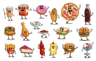 Komik burger, pizza, içecek ve tatlılardan oluşan eski moda fast food karakterleri. Çizgi film hippi psikedelik hamburger, sosisli sandviç, kahve ve sandviç. Patates kızartması, tavuk budu ve çörek.