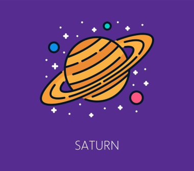 Uzay gezegeni Satürn ince çizgi simgesi renginde. Astronomi uçuş çizgisi ikonu, galaksi dış uzay araştırması veya keşif ana hatları vektör simgesi. Güneş sistemi Satürn gezegeni ile uzay keşfi sembolü