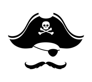 Siyah tricorn şapkalı, bıyıklı ve göz bantlı korsan kaptan fotoğraf kabini maskesi. İzole vektör korsair denizci yüzü bir göz bandı ve kamış şapkalı, kabadayı kaptan kostüm şablonu ile tamamlandı