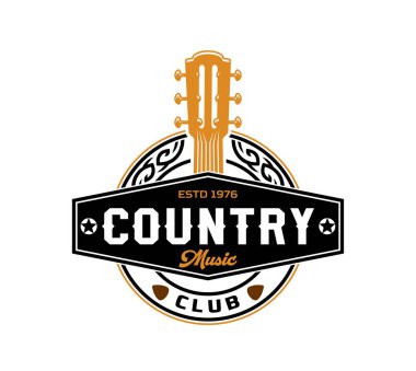 Country müzik gitarı ya da Western müzik kulübü ve kovboy konseri barı, vektör klasik ikonu. Teksas rock festivali, Amerikan caz ve blues salonu veya Rockabilly gece kulübü için gitarlı country müzik tabelası