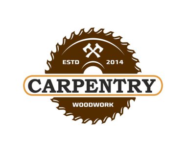 Marangozluk marangozluğu testere bıçağı ve baltaların simgesi, vektör marangoz atölyesi amblemi. Marangozluk ve marangozluk ustalığı, ahşap işçiliği veya inşaat için çapraz balta kullanan dairesel testere bıçağının simgesi.