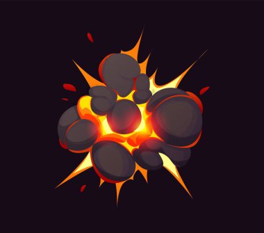 Çizgi film patlama bulutu, bomba patlama etkisi, çizgi roman ateşi ve duman. Girdap gibi dönen siyah duman ve çekirdekte parlak erimiş alevlerle patlayan vektör enerjiyi ve ateşli yıkımı vurguluyor