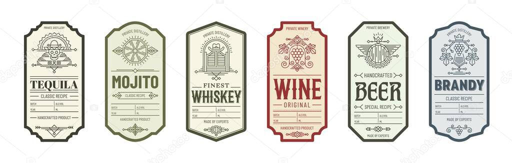 Alcohol label templates. Vector set of vintage alcohol labels for tequila, whiskey, wine, beer, brandy and mojito. Classic emblem layouts for distillery branding, bar themes or beverage packaging