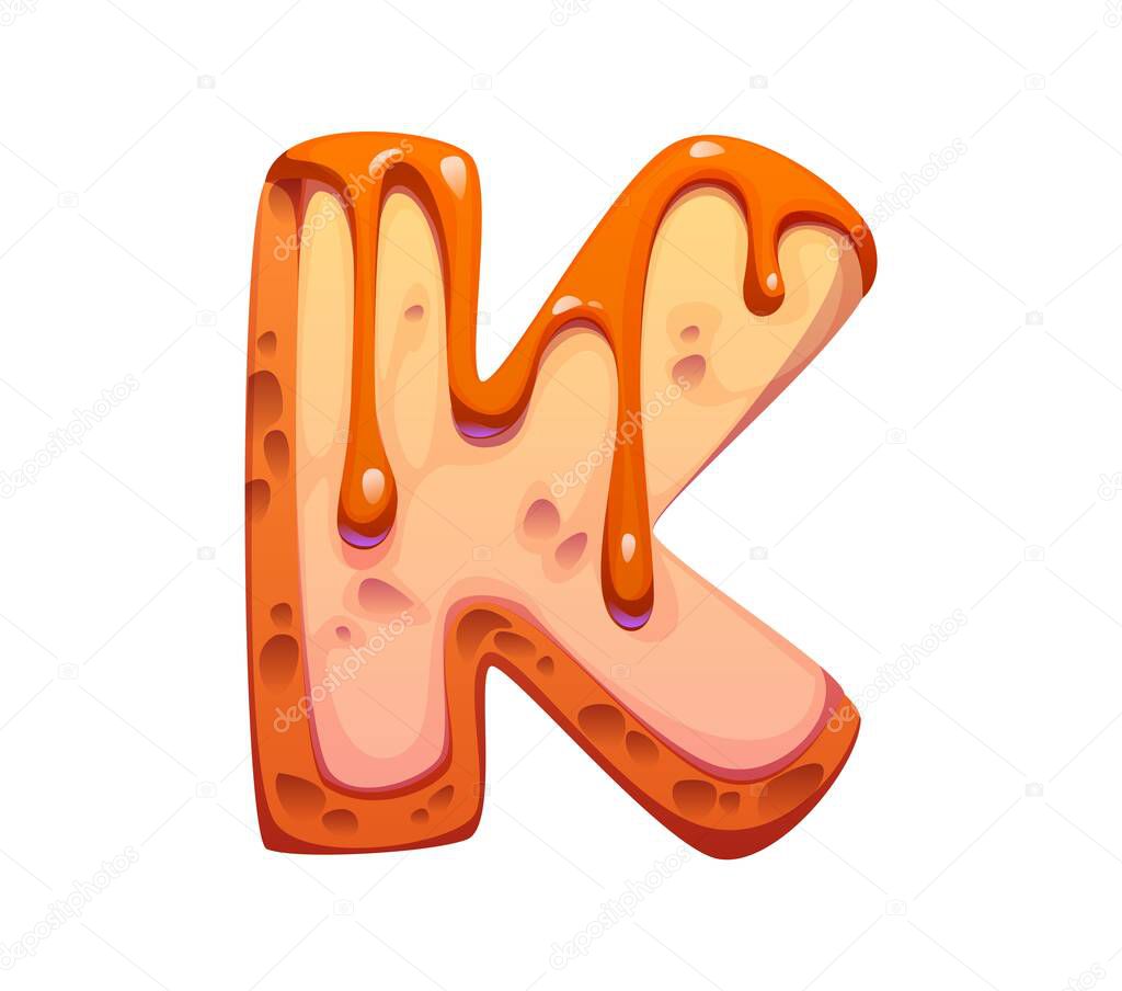 Dessert font, sweet candy type of confectionery with caramel syrup, vector cartoon typeface. Dessert font and English alphabet type of bakery sweet pastry, letter K toffee fudge candy with caramel