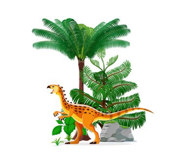 Dinozor tarih öncesi kertenkele Scutellosaurus veya Jurassic sürüngen hayvanı, çizgi film vektörü. Çocuk ansiklopedisi ya da paleontoloji müzesi için tarih öncesinden kalma Thyreophoran türünün Scutellosaurus dinozoru