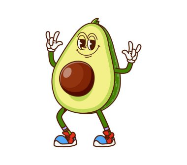 Havalı avokado meyvesi yarı havalı komik karakter. Vejetaryen yemekleri doğal bitki, neşeli hippi vektör karakteri, organik tarım ürünü şirin, havalı şahsiyet. Sağlıklı beslenme taze avokado komik retro maskot