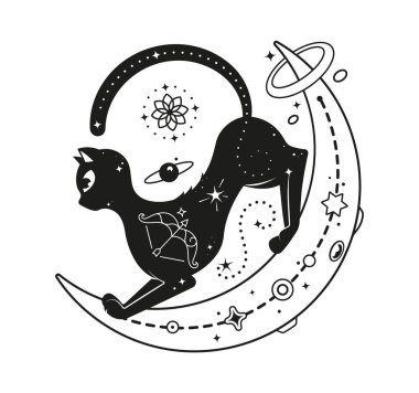 Kara büyü kedisi kozmik ve astrolojik sembollerle süslenmiş hilal ay üzerinde geriniyor. Vektör mistik ve okült kara kedi kedi kedi hayvan gizemi ve doğaüstü bağlantıyı temsil eder.