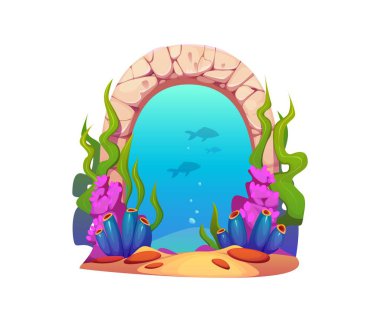 Su altı taş kapısı ya da oyun sihirli portalı. Karikatür kaya kemeri, mercan ve yosunlar, mavi su ve balıklarla dolu hayali bir deniz girişi. Fantezi sihirli sualtı geçidi oyun varlığı