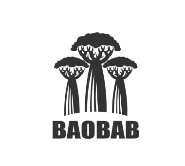 Baobab ağacı simgesi. Üç Afrika baobab ağacı siluetinin yer aldığı, ekolojik, çevresel, organik veya kültürel markalaşma için doğayı, uzun ömürlülüğü ve dayanıklılığı sembolize eden vektör siyah ve beyaz amblemi