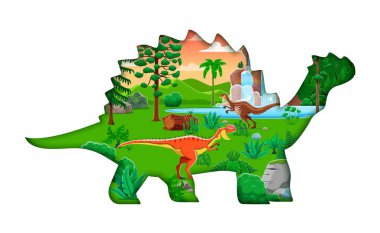 Tarih öncesi dinozor kağıdı, siluet çerçevesini kertenkelelerle, Jurasik sürüngenlerle, çizgi film vektörleriyle kesmiş. Çocuklar için ormandaki tarih öncesi dinozorlar Dino ansiklopedisi veya paleontoloji dinozorları atlası