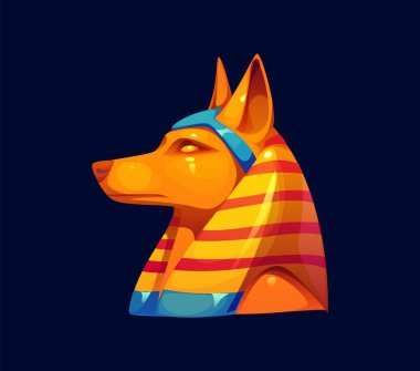 Anubis, Mısır 'ın ölümden sonraki yaşam tanrısı, Mısır oyun ikonu, parlak çizgili Nemes başlığıyla süslenmiş altın çakal kafası olarak tasvir edilen hazine varlığı. Çizgi film vektörü kraliyet eseri ya da tarihi eser