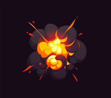 Çizgi film patlama bulutu, bomba patlama etkisi, çizgi roman ateşi ve duman. Girdap gibi dönen siyah duman ve çekirdekte parlak erimiş alevlerle patlayan vektör enerjiyi ve ateşli yıkımı vurguluyor